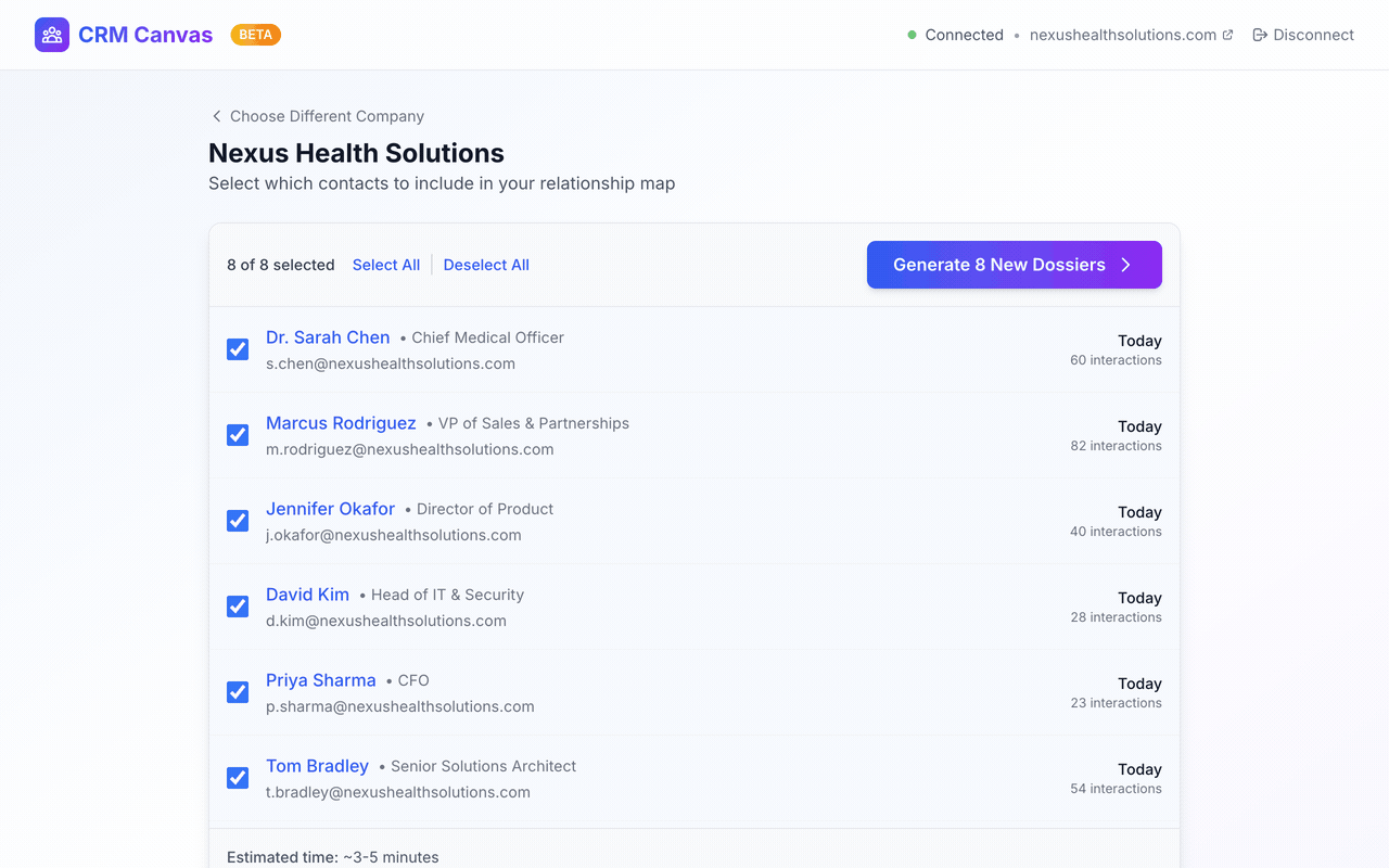 CRM Canvas demo showing AI-powered relationship mapping from HubSpot